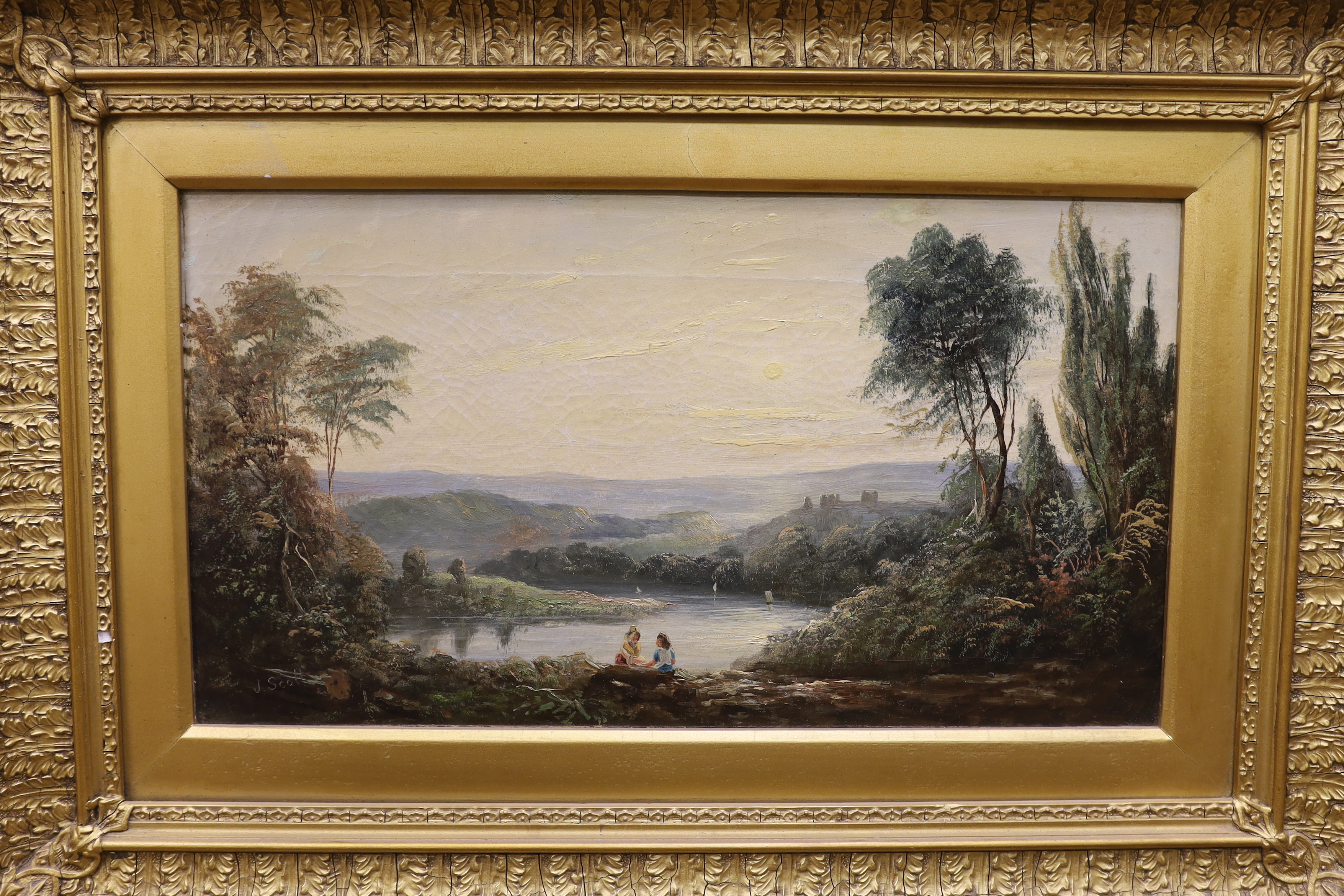 19th century, four oils on canvas, Landscapes, two signed S. Thompson, one signed J. Scott, 26 x 45cm, ornate gilt framed